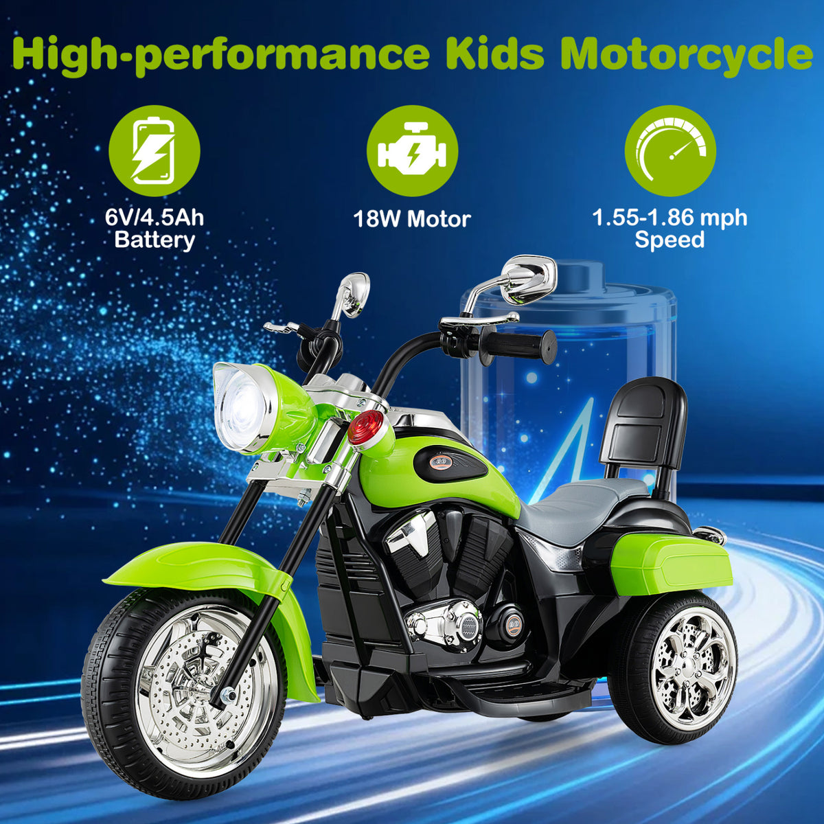 6V Powered Toddler 3-Wheel Motorbike Ride On Toy with Horn and Headlight-Green view 7