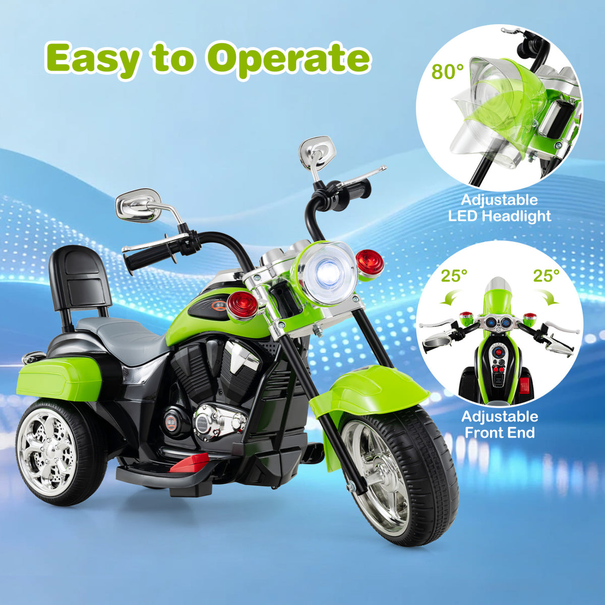 6V Powered Toddler 3-Wheel Motorbike Ride On Toy with Horn and Headlight-Green view 8