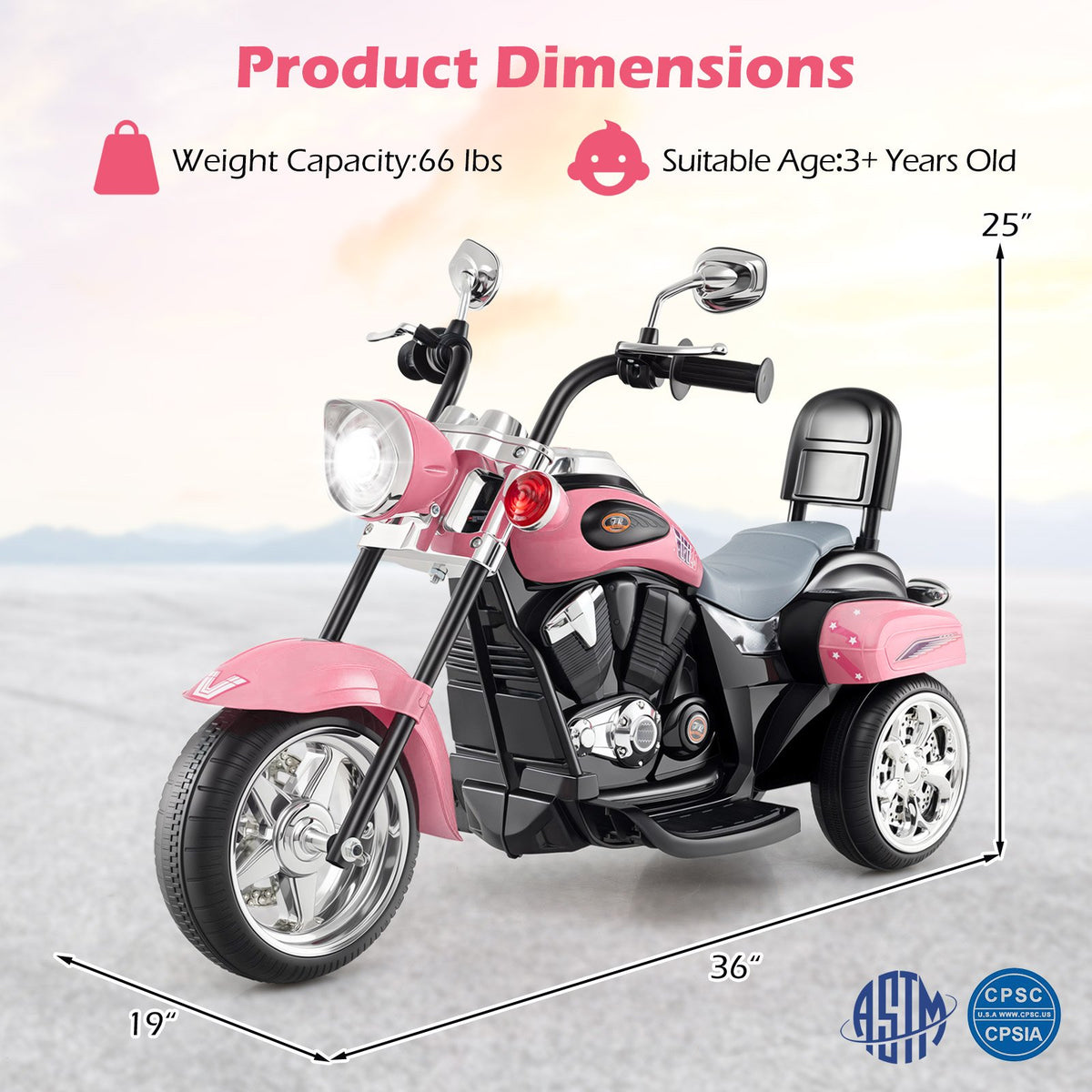 6V Powered Toddler 3-Wheel Motorbike Ride On Toy with Horn and Headlight-Heart Pink view 4