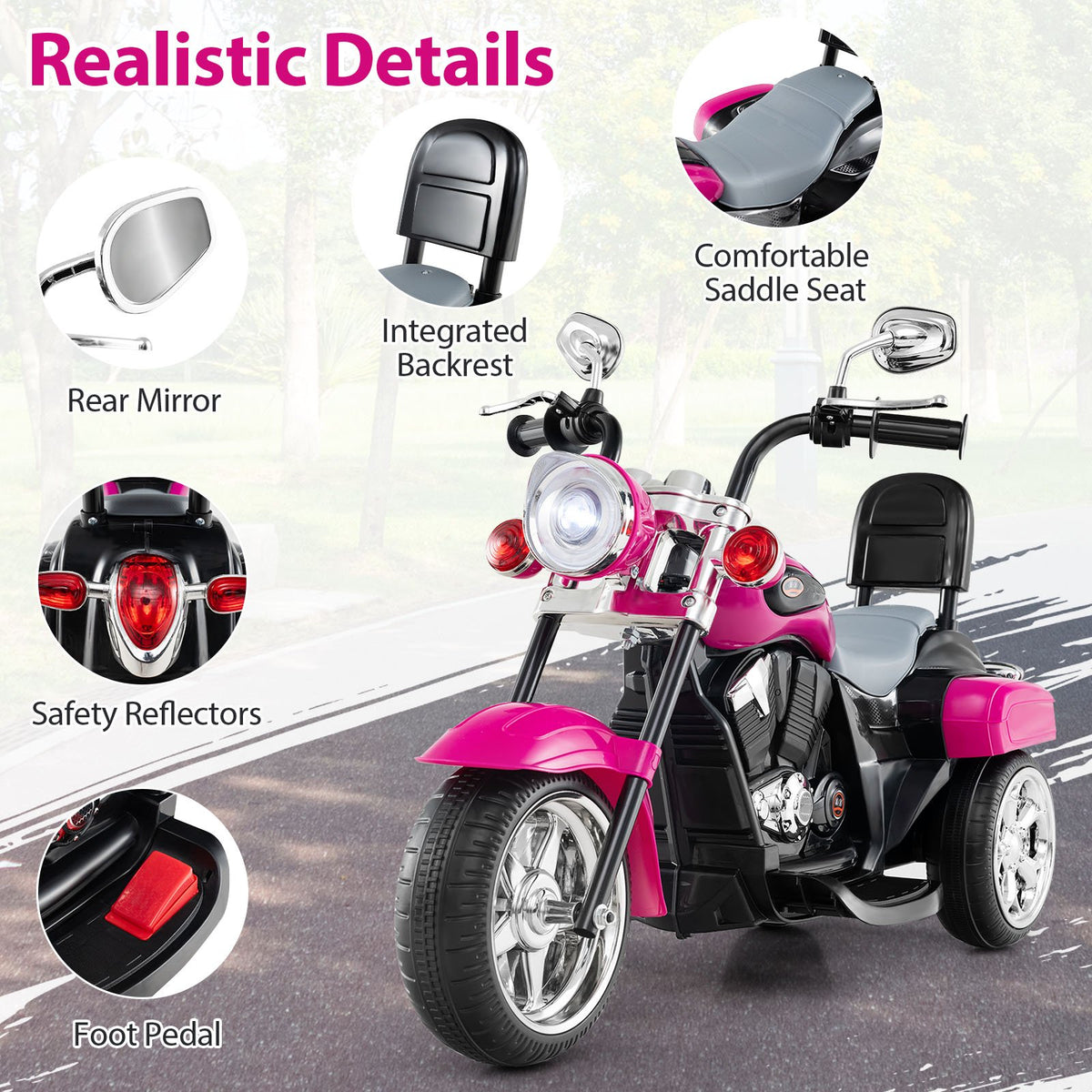6V Powered Toddler 3-Wheel Motorbike Ride On Toy with Horn and Headlight-Hot Pink view 9