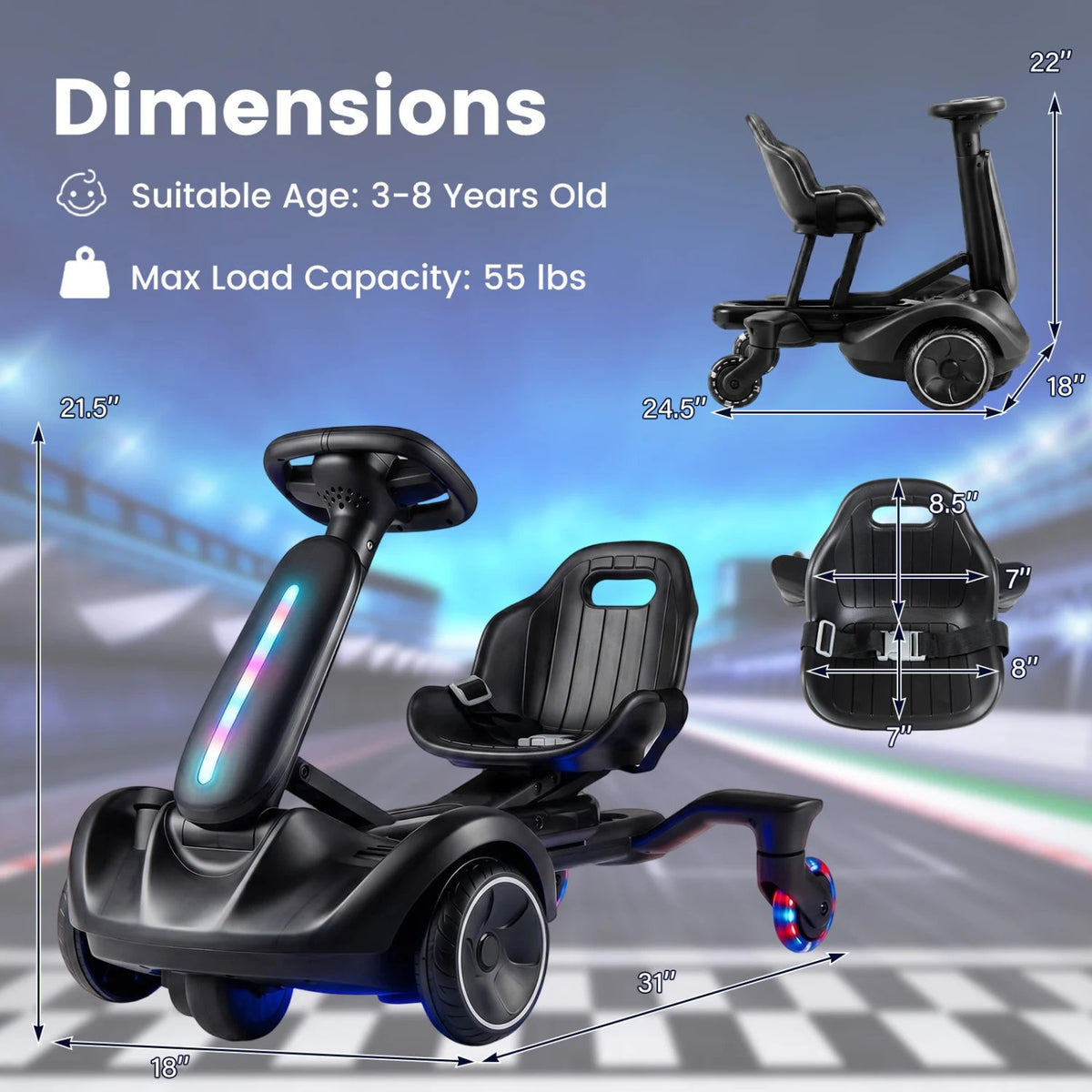 6V Ride-on Drift Car with Lights and Adjustable Seat-Black view 4
