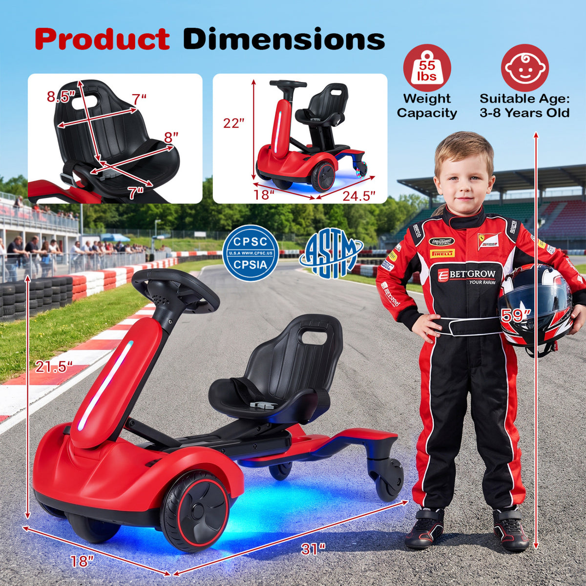 6V Ride-on Drift Car with Lights and Adjustable Seat-Red view 4