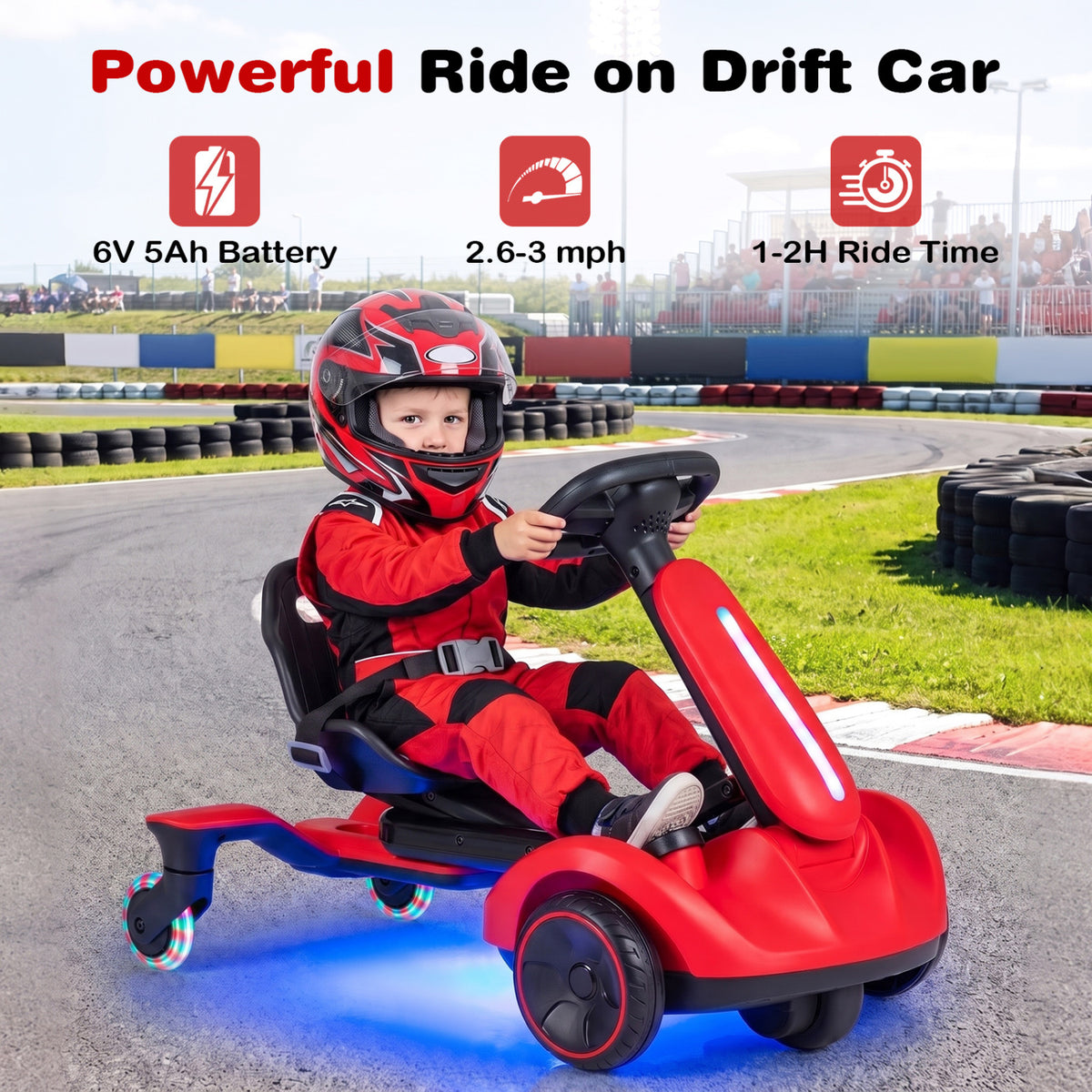 6V Ride-on Drift Car with Lights and Adjustable Seat-Red view 5