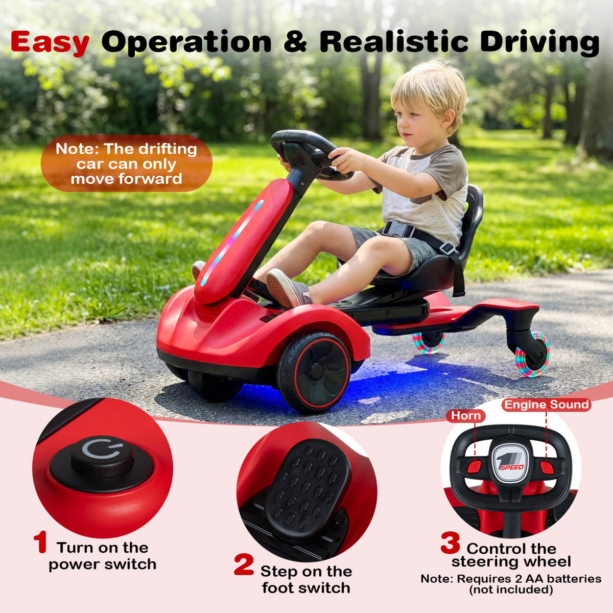 6V Ride-on Drift Car with Lights and Adjustable Seat-Red view 7