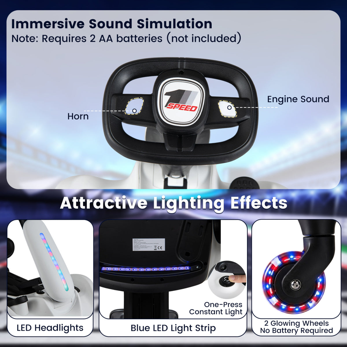 6V Ride-on Drift Car with Lights and Adjustable Seat-White view 7