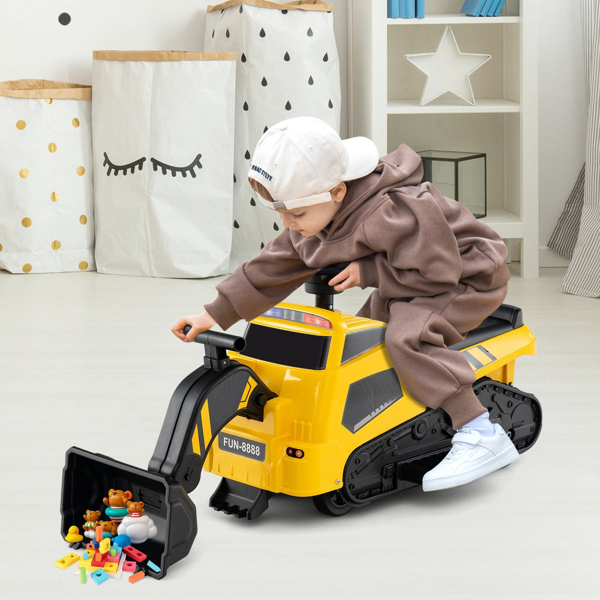 6V Ride on Tractor 3-in-1 Electric Excavator with Adjustable Arms and Music-Yellow view 3