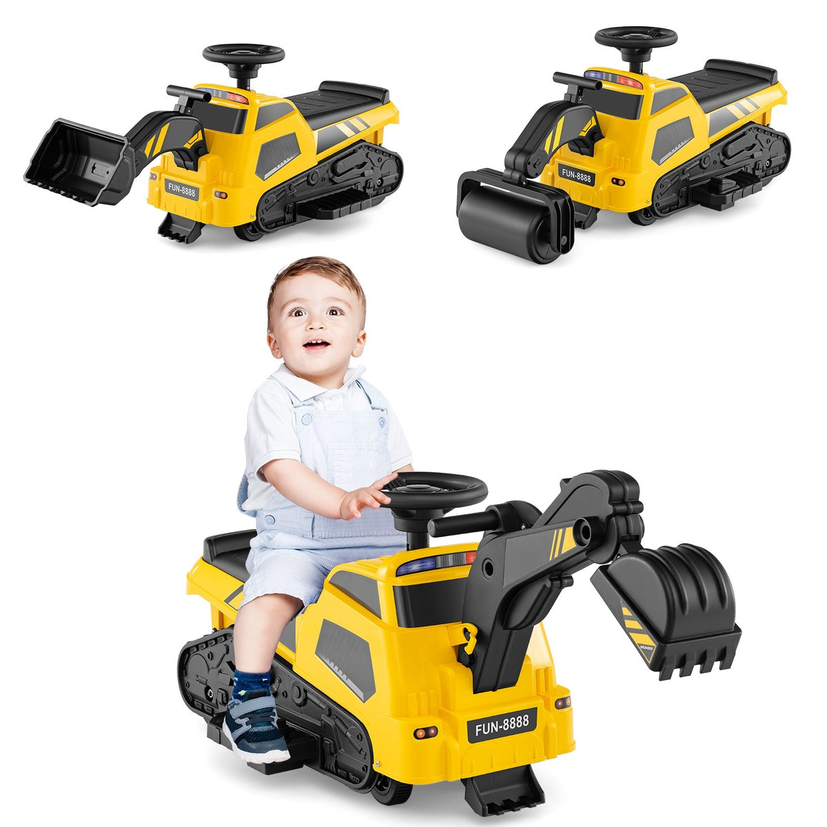 6V Ride on Tractor 3-in-1 Electric Excavator with Adjustable Arms and Music-Yellow view 4