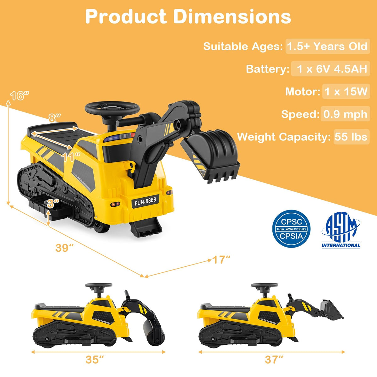 6V Ride on Tractor 3-in-1 Electric Excavator with Adjustable Arms and Music-Yellow view 5