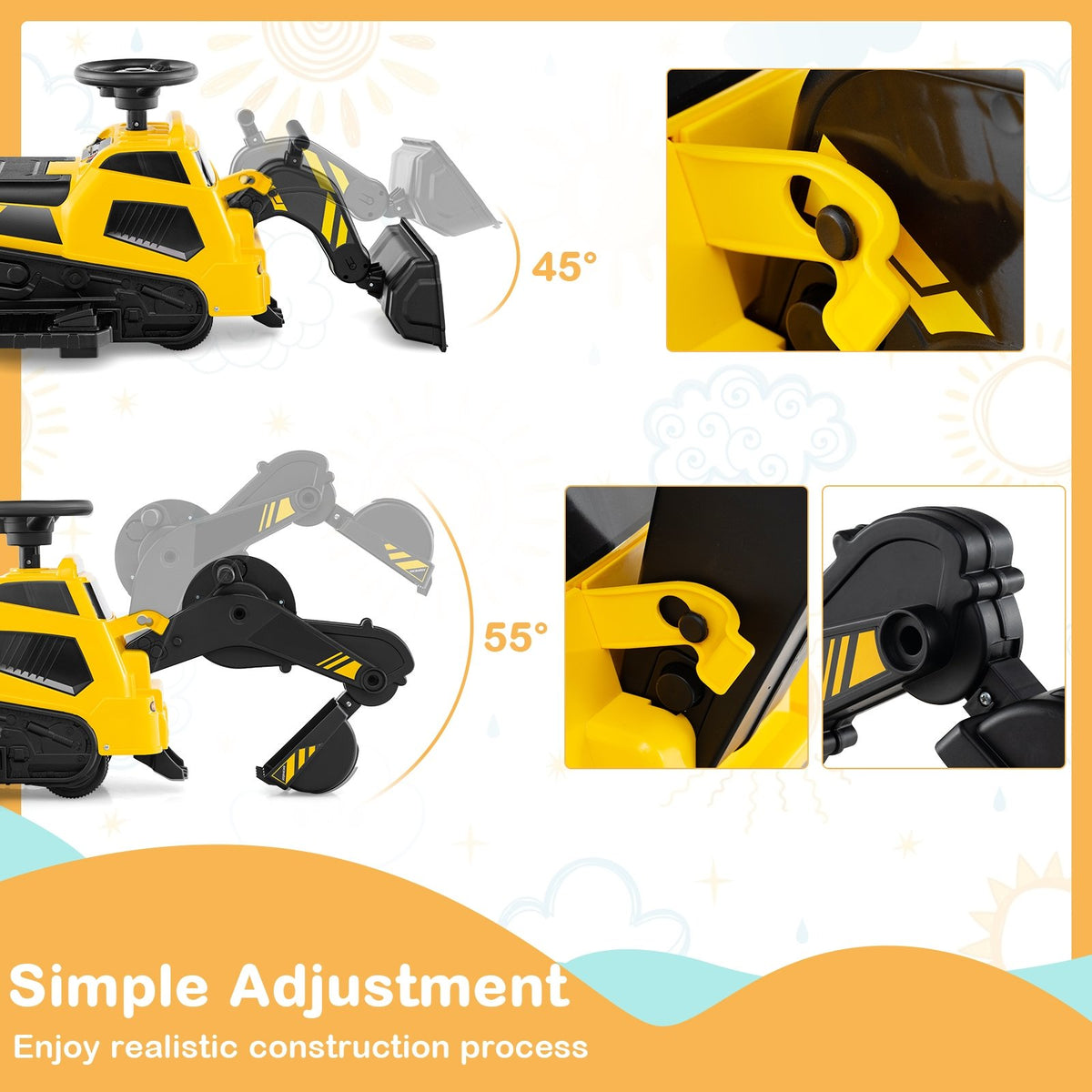 6V Ride on Tractor 3-in-1 Electric Excavator with Adjustable Arms and Music-Yellow view 8