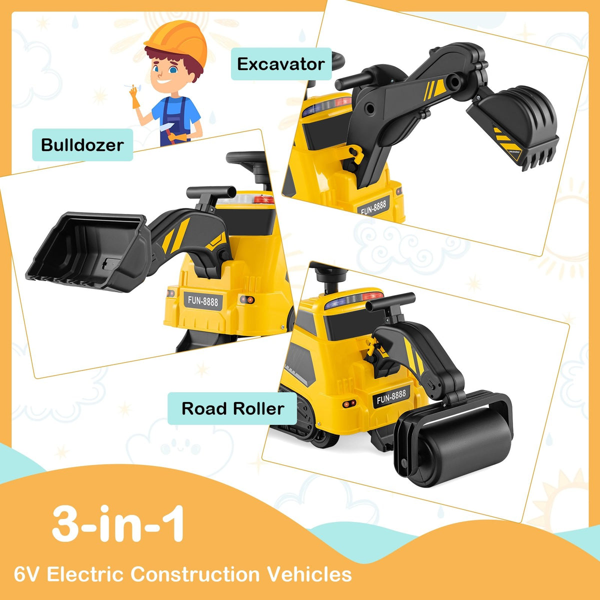 6V Ride on Tractor 3-in-1 Electric Excavator with Adjustable Arms and Music-Yellow view 9