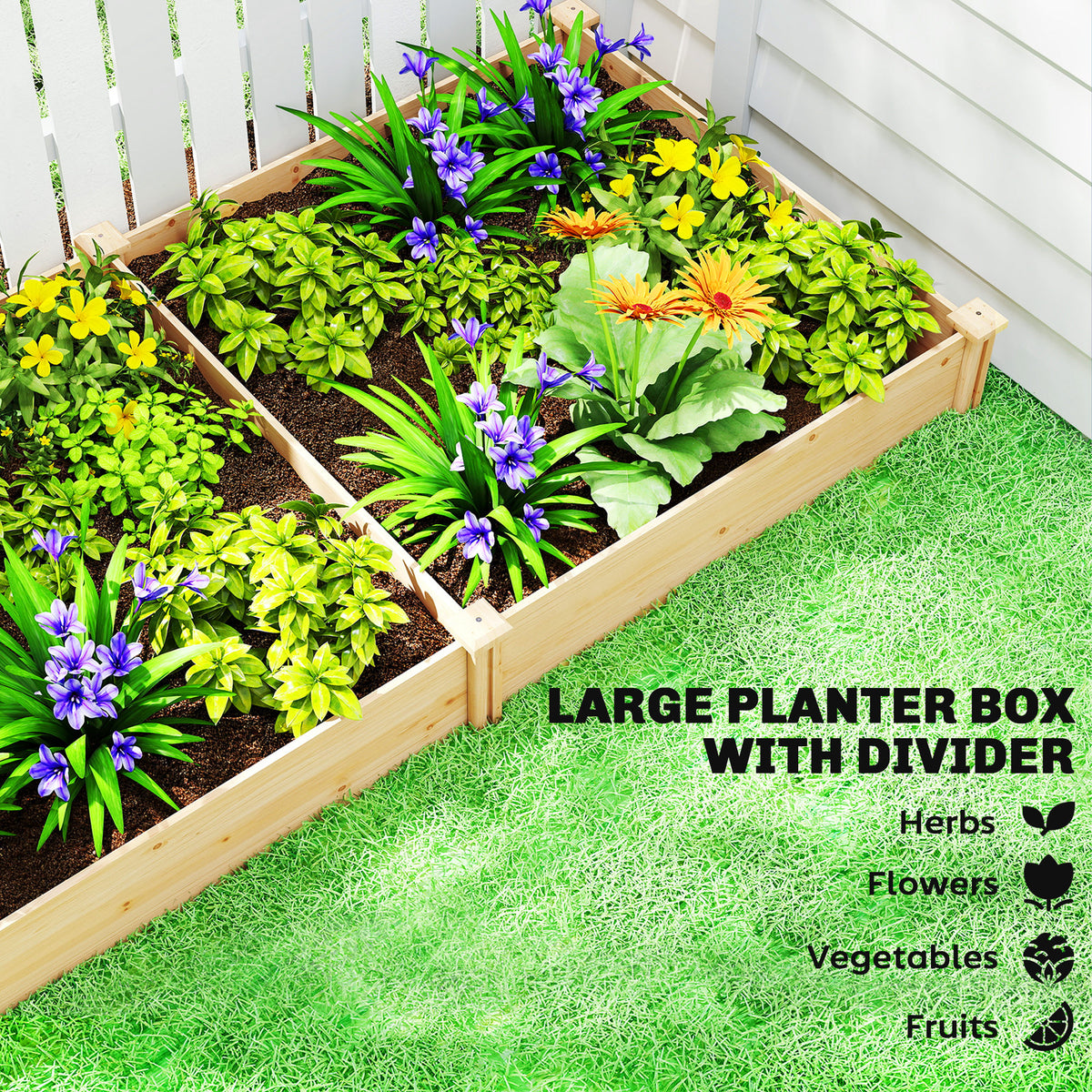 Wooden Raised Garden Bed, Outdoor Planter Box with Divider and Open Bottom for Flowers, Herbs, Vegetables, DIY Painting