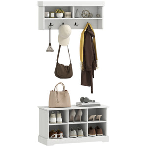 Coat Rack Shoe Bench Set, Entryway Shoe Bench with 8 Storage Cubbies, 4 Hooks for Hallway, Living Room, White