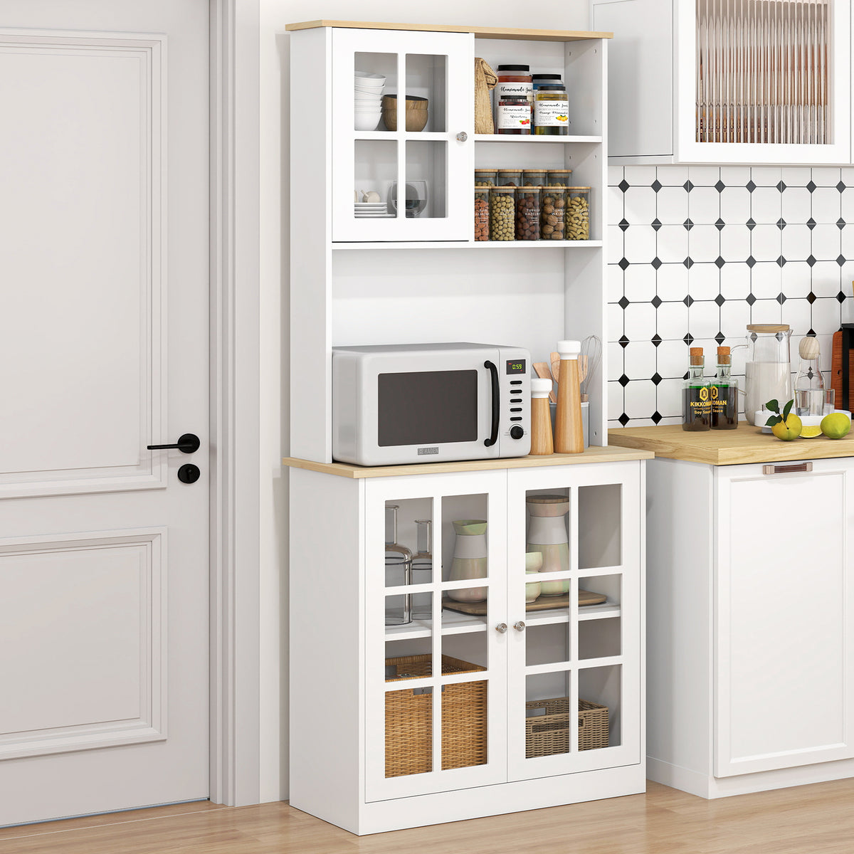 Kitchen Buffet with Hutch, Storage Pantry with 3 Cabinets, 2 Open Shelves and Large Countertop, Black – view 14
