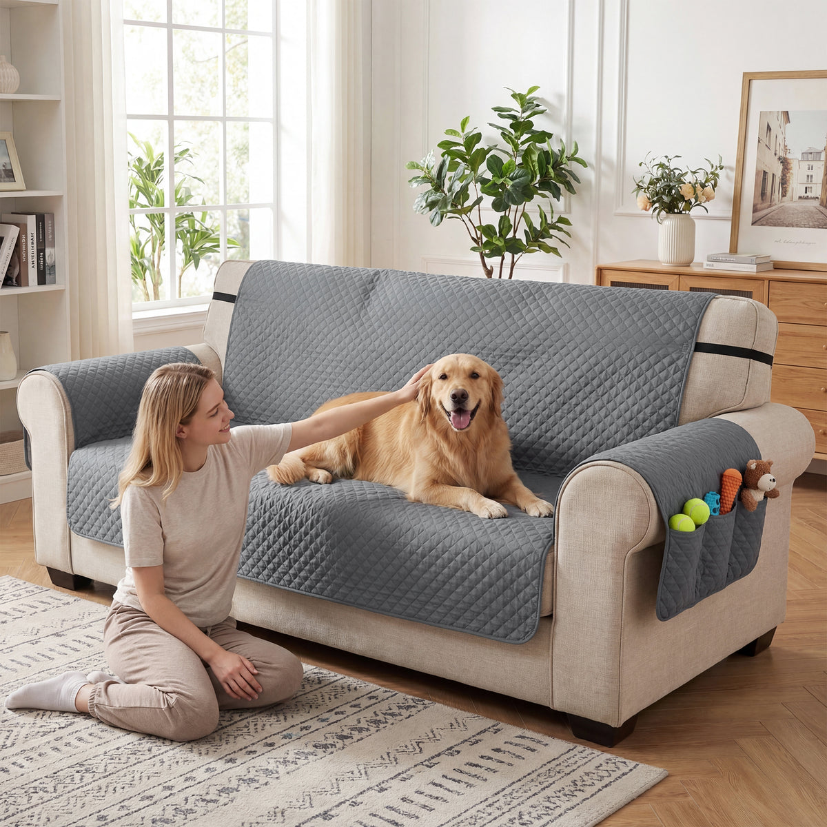 Waterproof Sofa Cover 3 Seater, Soft Couch Cover for Dogs Cats Pets, Non Slip Sofa Slipcoevr with Elastic Straps