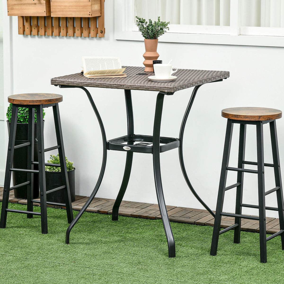 Patio Wicker Dining Table with Umbrella Hole, 34 Inch Outdoor PE Rattan Coffee Table with Plastic Board Under the Woven Table Top for Patio, Garden, Balcony, Light Grey