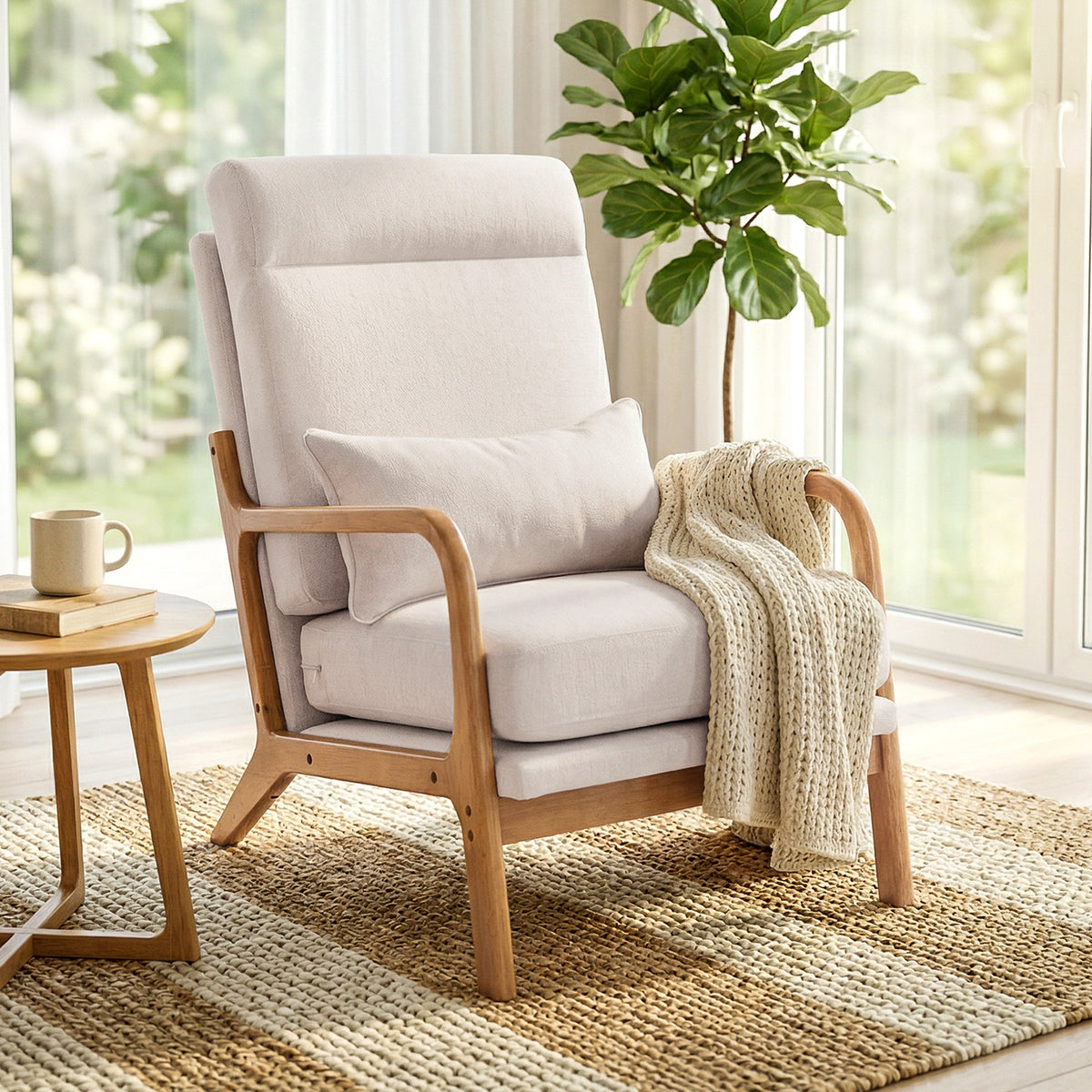 Modern Accent Chair, Linen Armchair with Lumbar Pillow, High Back, Wide Seat, Thick Cushion, Solid Wood Frame, Cream White