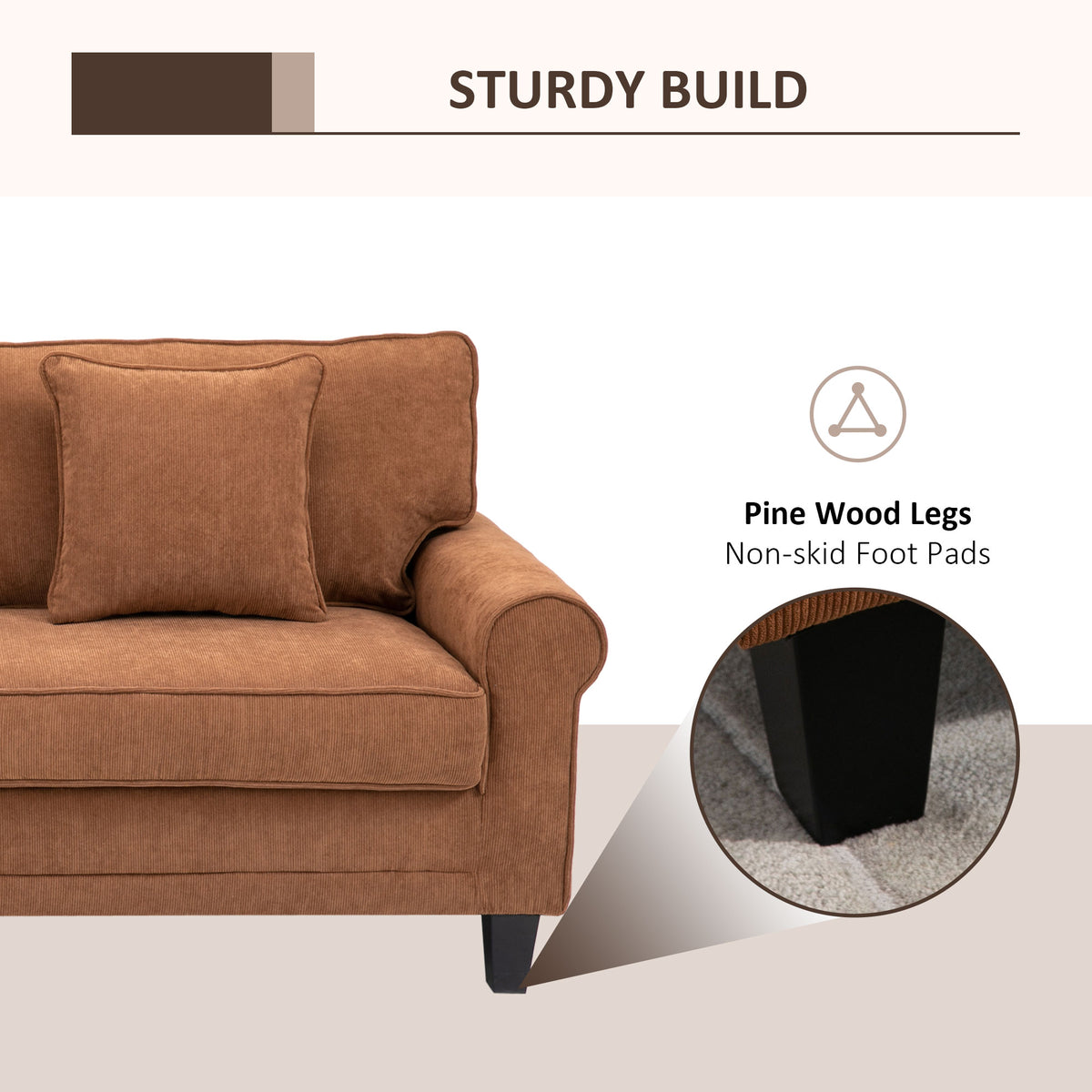 Modern 3 Seater Sofa, Corduroy Fabric 3 Seater Couch with Pine Wood Legs and Rolled Armrests for Living – view 10