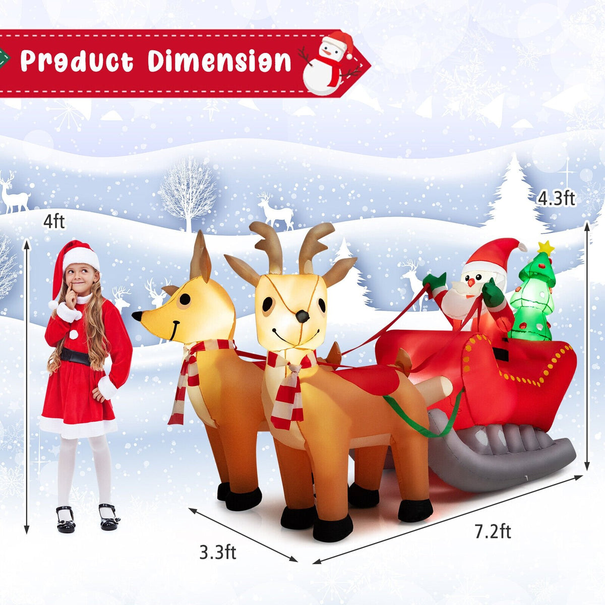 7.2 Feet Long Christmas Inflatable Santa Rides Sled with LED Lights view 4
