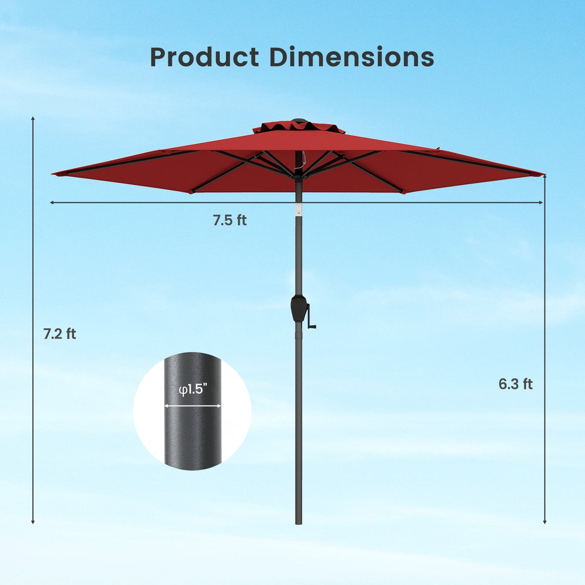 7.5 feet Outdoor Patio Heavy Duty Market Umbrella with Push Button Tilt-Burgundy view 5