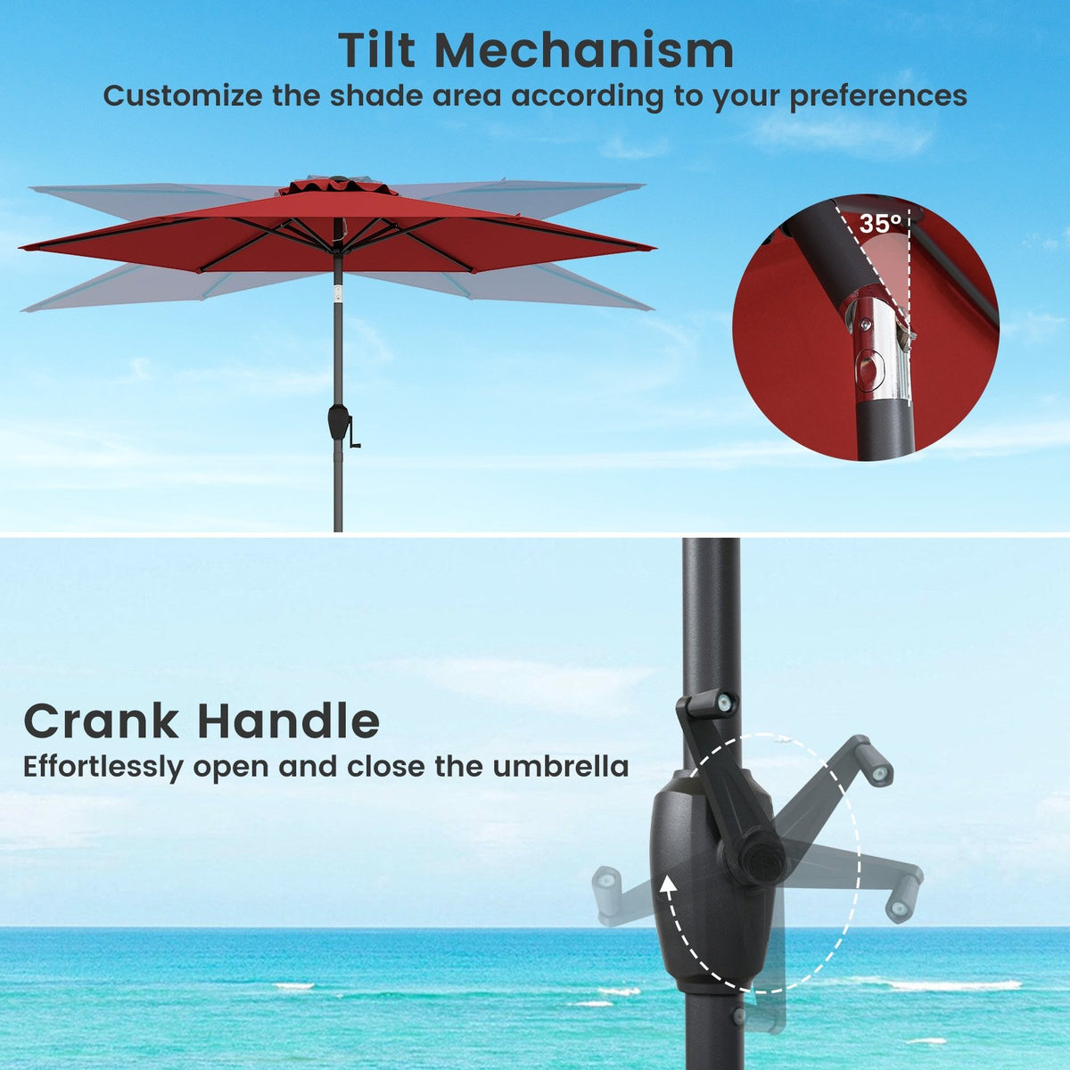 7.5 feet Outdoor Patio Heavy Duty Market Umbrella with Push Button Tilt-Burgundy view 7
