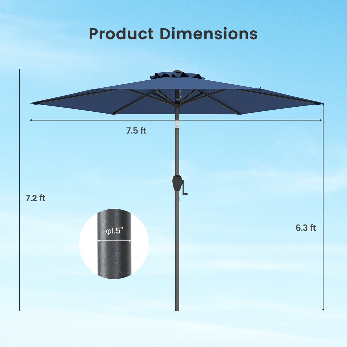 7.5 feet Outdoor Patio Heavy Duty Market Umbrella with Push Button Tilt-Navy view 5