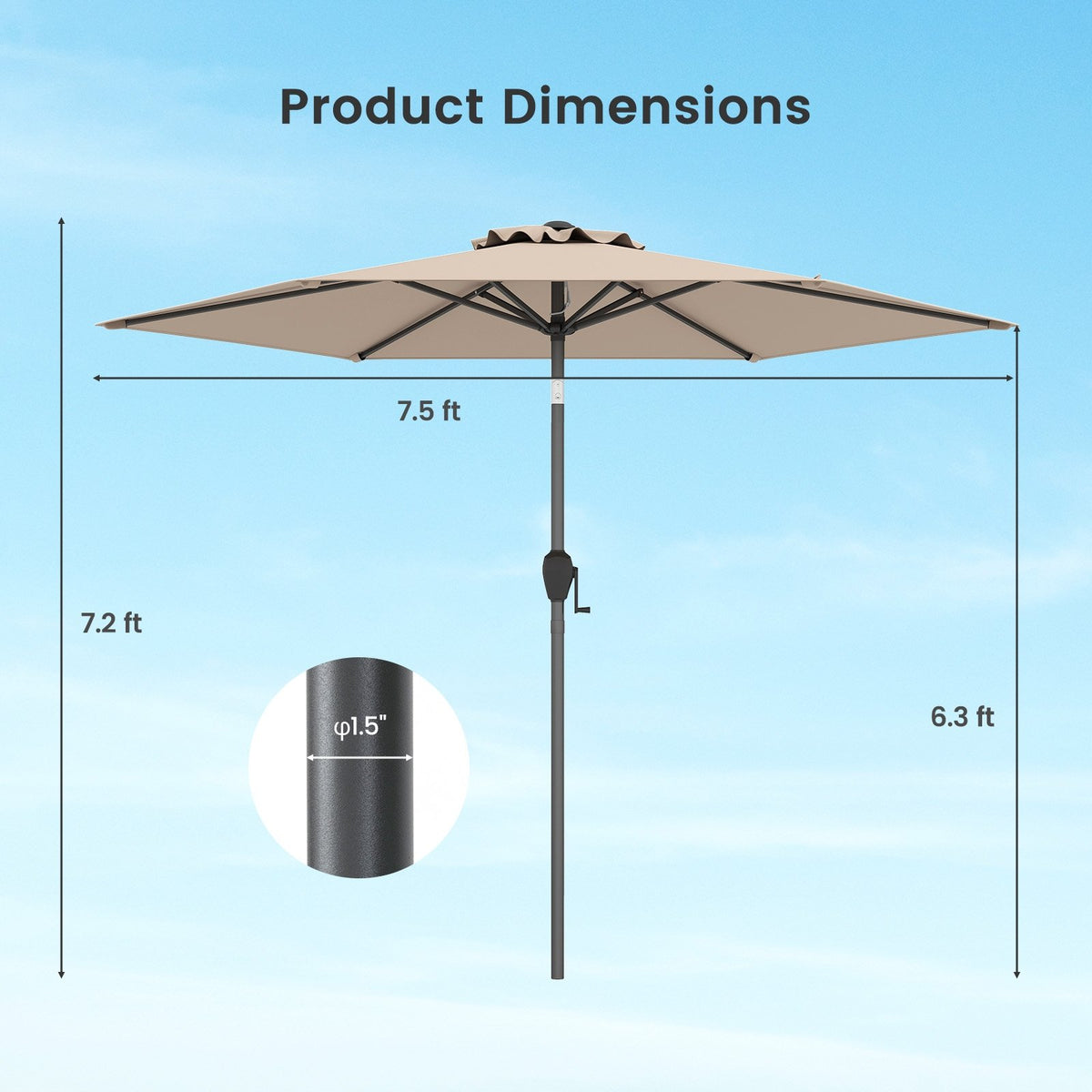 7.5 feet Outdoor Patio Heavy Duty Market Umbrella with Push Button Tilt-Tan view 5