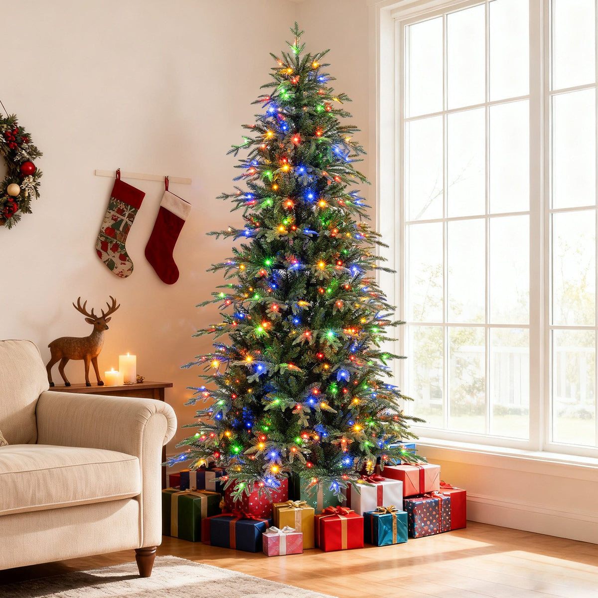7.5 Feet Pre-Lit Artificial Christmas Tree Hinged Xmas Tree with LED Lights view 2