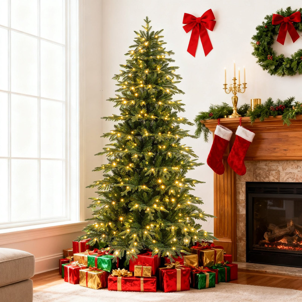 7.5 Feet Pre-Lit Artificial Christmas Tree Hinged Xmas Tree with LED Lights view 3