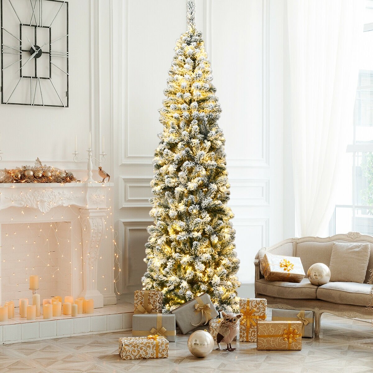 7.5 Feet Pre-lit Snow Flocked Artificial Pencil Christmas Tree with LED Lights view 2