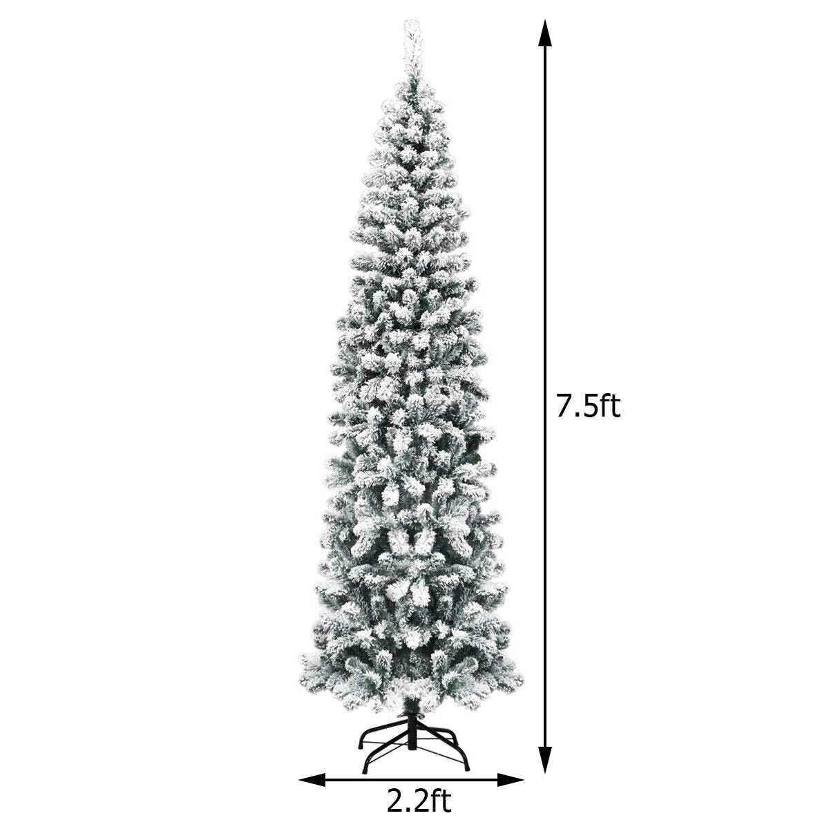 7.5 Feet Pre-lit Snow Flocked Artificial Pencil Christmas Tree with LED Lights view 4