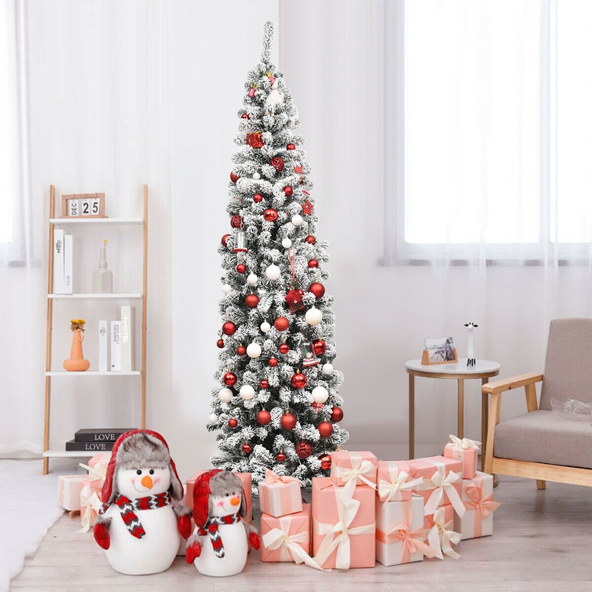 7.5 Feet Pre-lit Snow Flocked Artificial Pencil Christmas Tree with LED Lights view 5