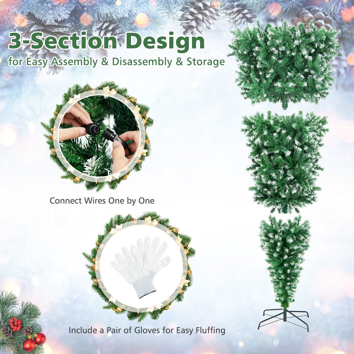 7.5 Feet Pre-Lit Snowy Upside Down Christmas Tree 1100 Tips view 8