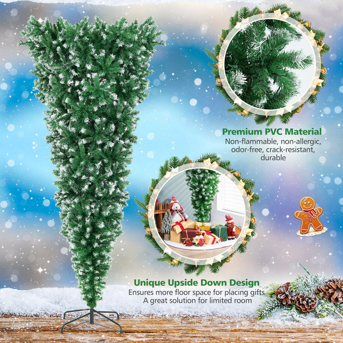 7.5 Feet Pre-Lit Snowy Upside Down Christmas Tree 1100 Tips view 9