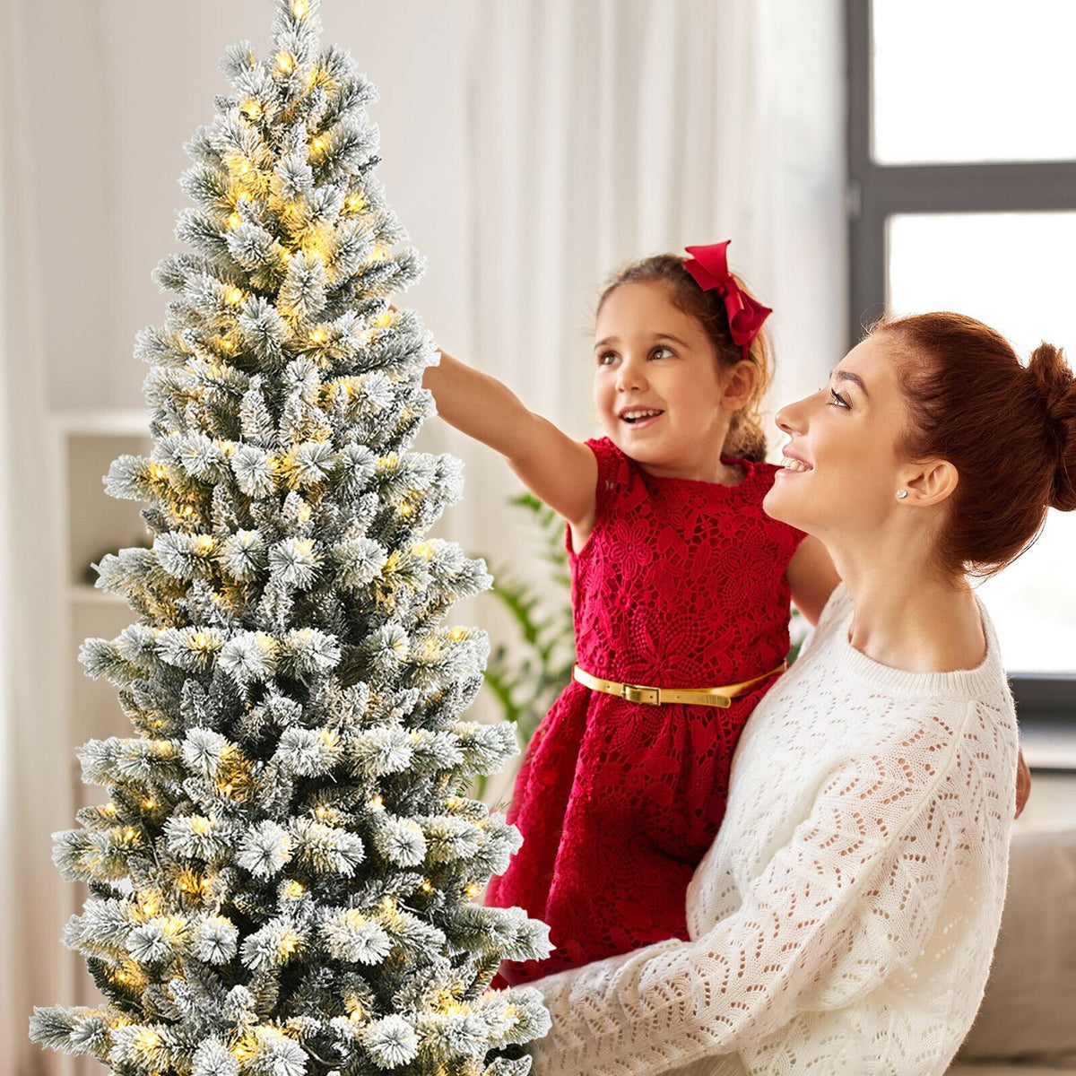 7.5 Feet Pre-Lit Hinged Christmas Tree Snow Flocked with 9 Modes Lights view 2