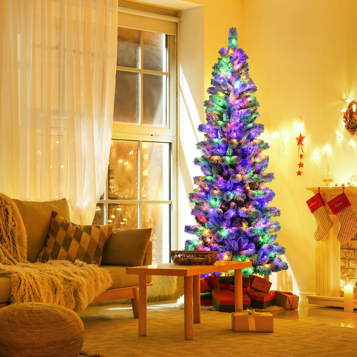7.5 Feet Pre-Lit Hinged Christmas Tree Snow Flocked with 9 Modes Lights view 3