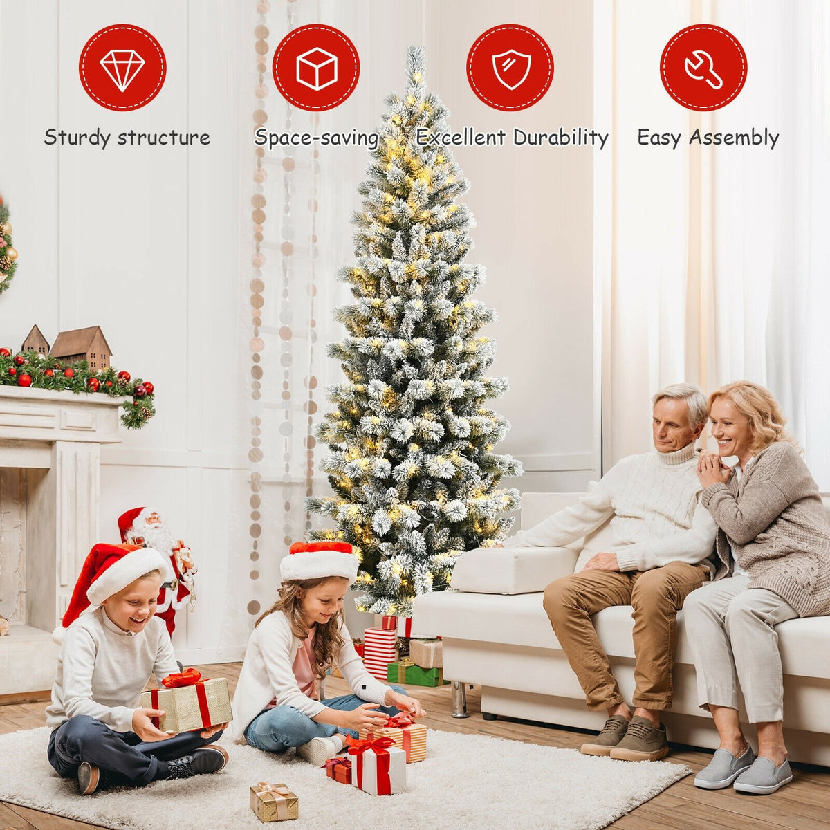 7.5 Feet Pre-Lit Hinged Christmas Tree Snow Flocked with 9 Modes Lights view 9