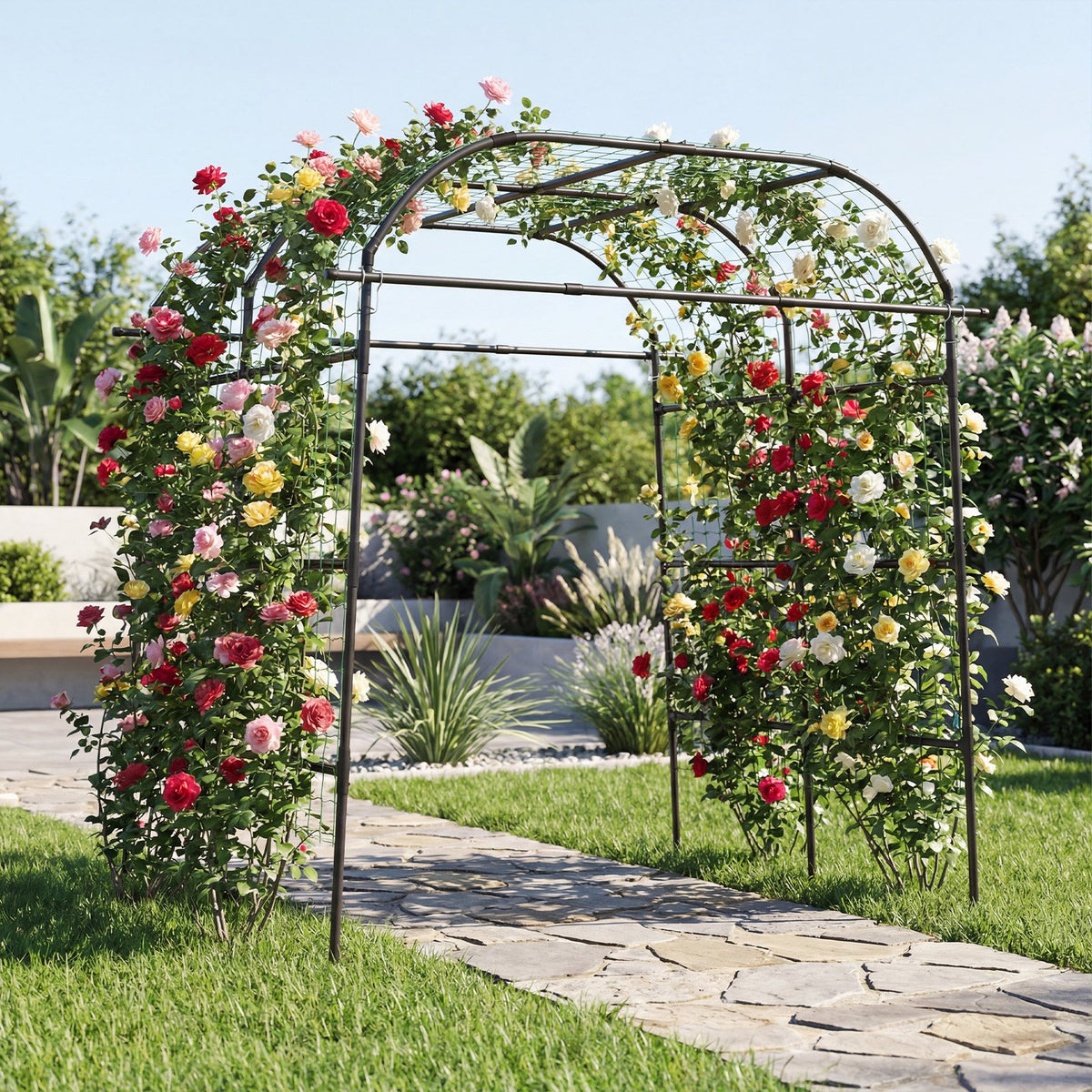 7.5 FT Tall Metal Garden Arch Trellis for Climbing Plants Outdoor-Black view 6
