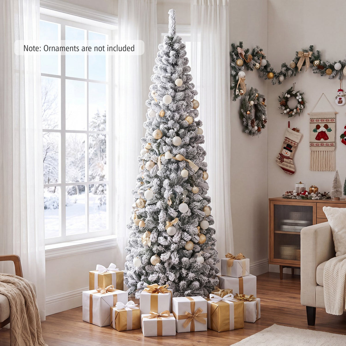 7.5 Feet Unlit Hinged Snow Flocked Artificial Pencil Christmas Tree with 641 Tips view 2