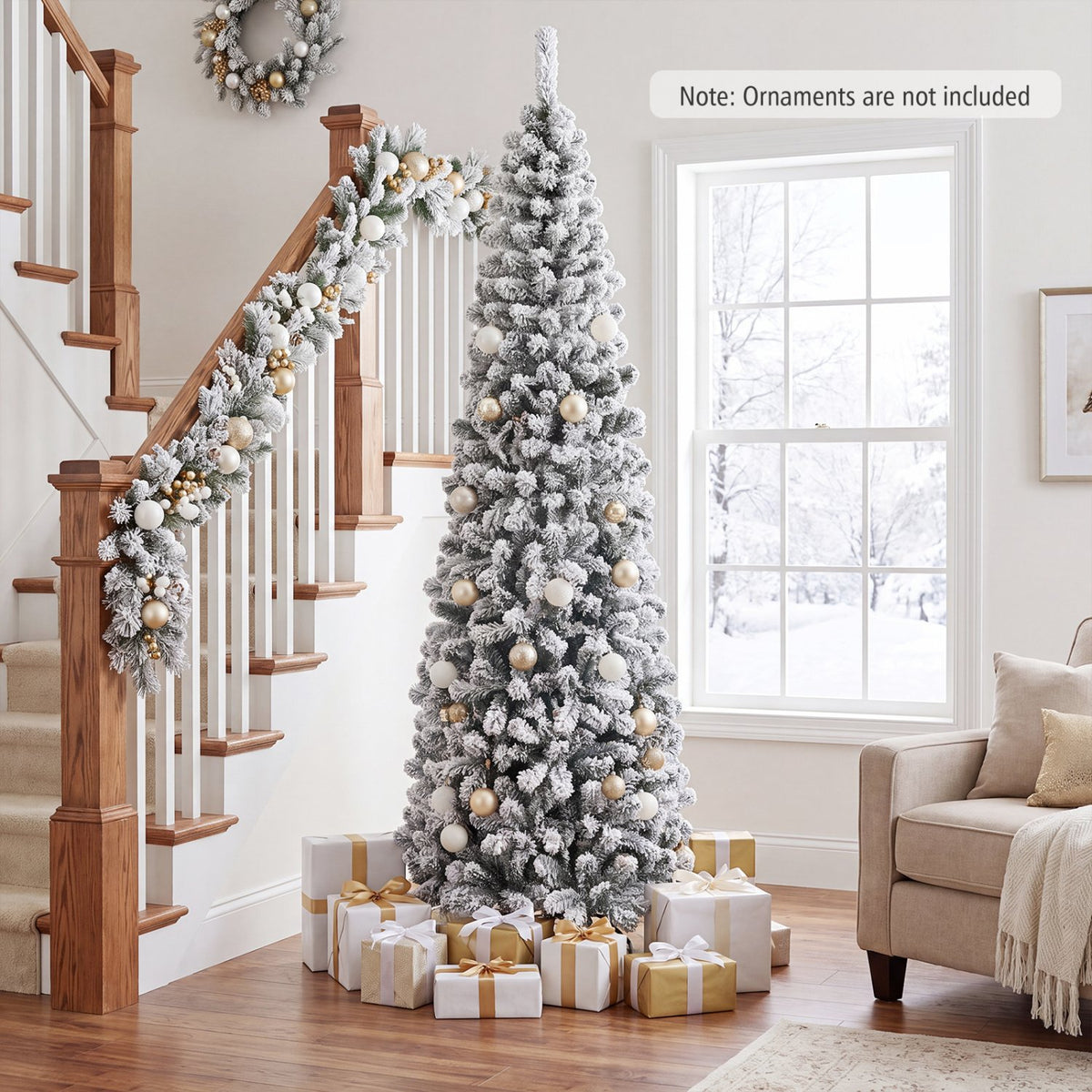 7.5 Feet Unlit Hinged Snow Flocked Artificial Pencil Christmas Tree with 641 Tips view 3