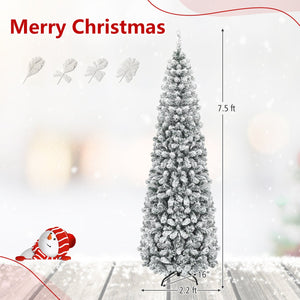 7.5 Feet Unlit Hinged Snow Flocked Artificial Pencil Christmas Tree with 641 Tips view 4