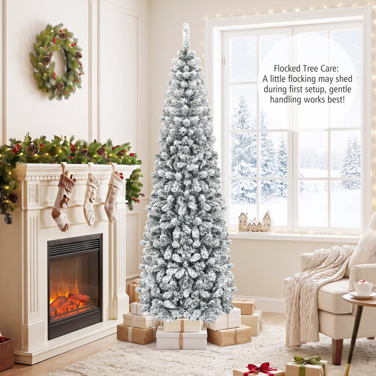 7.5 Feet Unlit Hinged Snow Flocked Artificial Pencil Christmas Tree with 641 Tips view 6