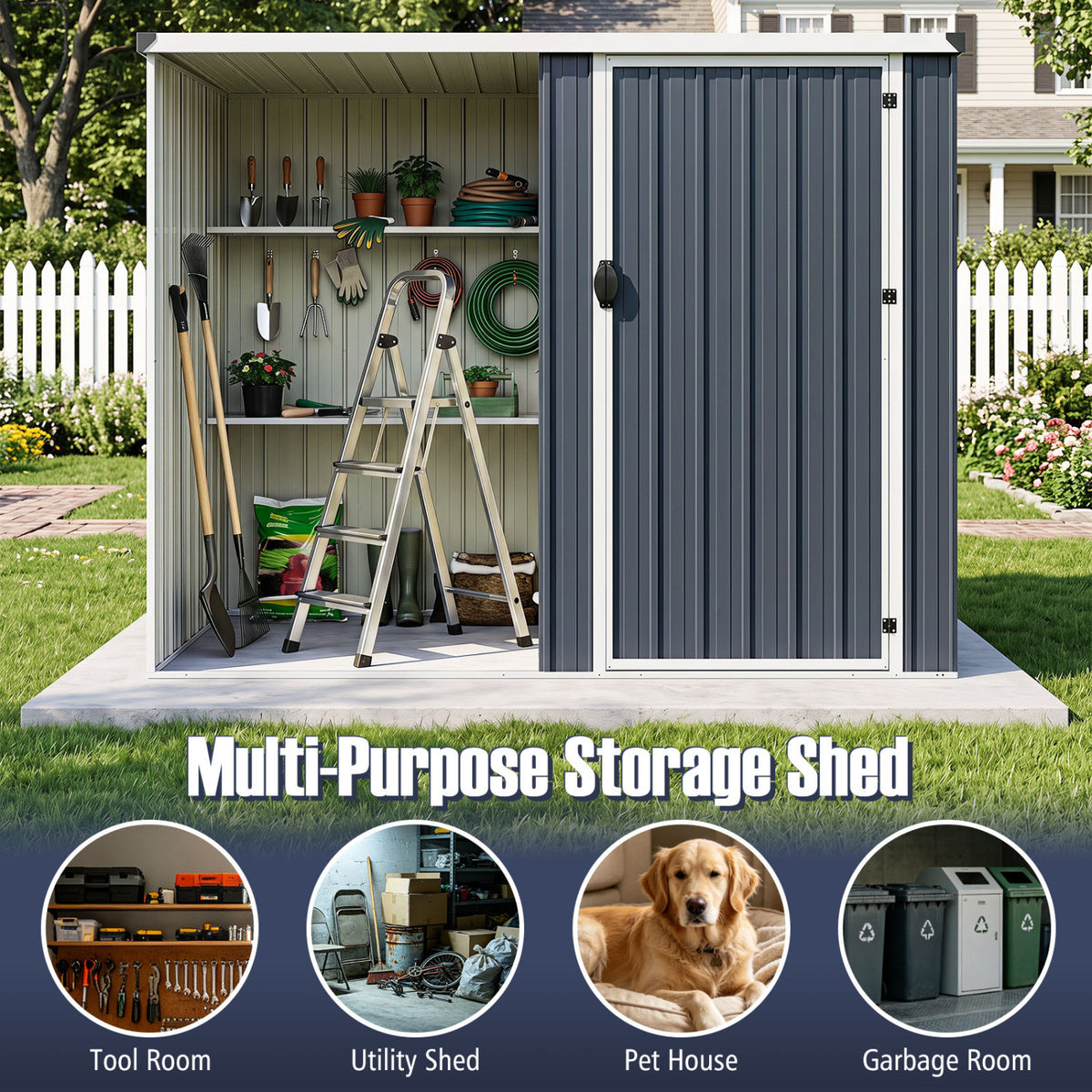 7.6 x 4 Ft Outdoor Metal Storage Shed with Lockable Single Door-Gray view 7