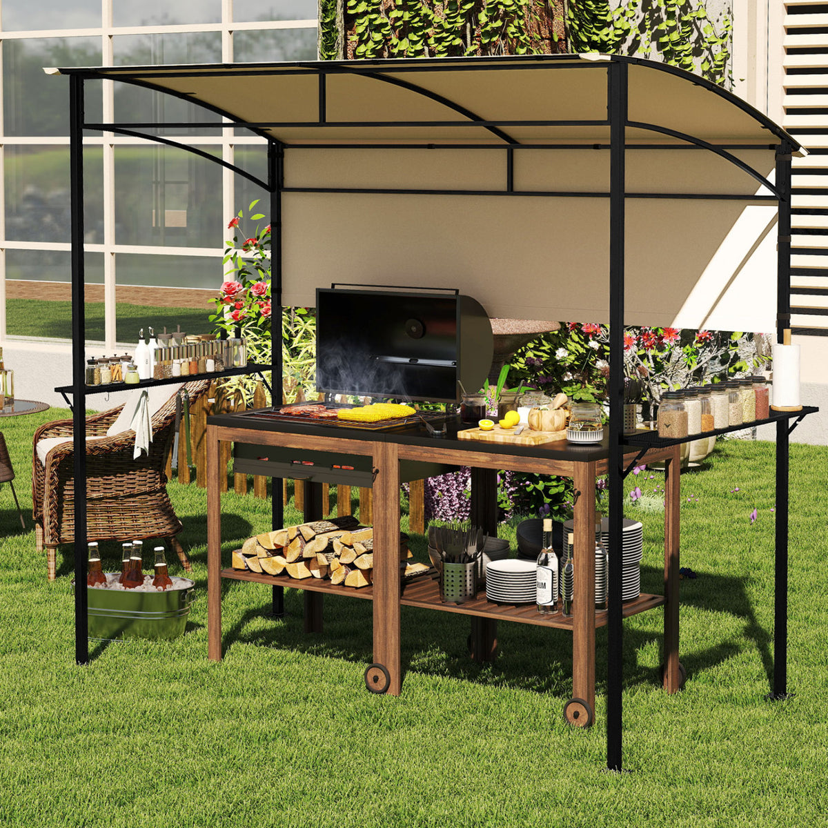 7.8 x 4.4 FT Outdoor Patio BBQ Canopy with Metal Shelves and Bottle Openers-Beige view 3