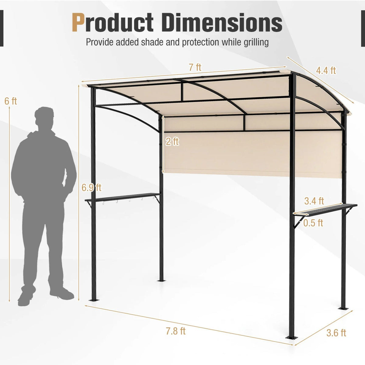 7.8 x 4.4 FT Outdoor Patio BBQ Canopy with Metal Shelves and Bottle Openers-Beige view 5