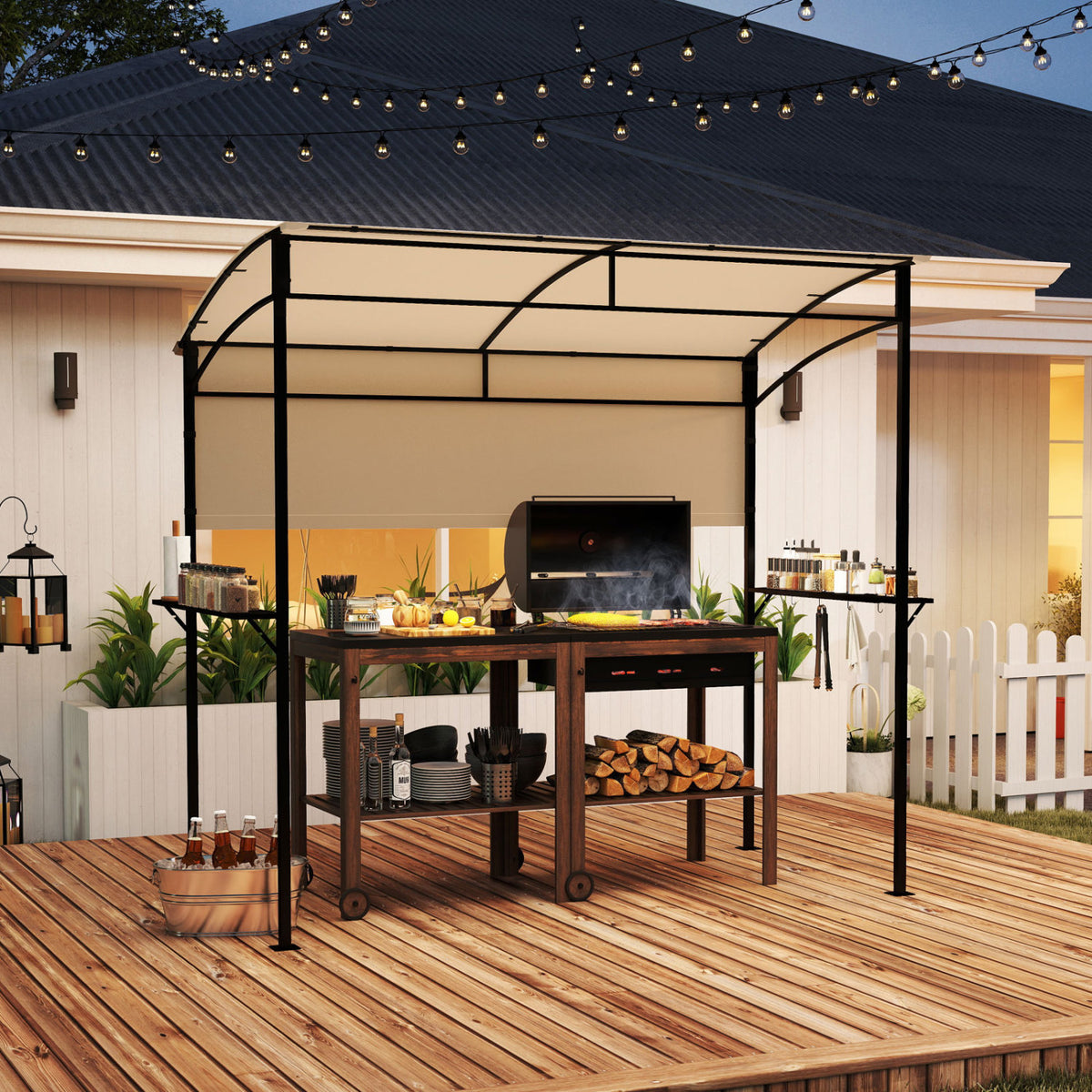 7.8 x 4.4 FT Outdoor Patio BBQ Canopy with Metal Shelves and Bottle Openers-Beige view 6