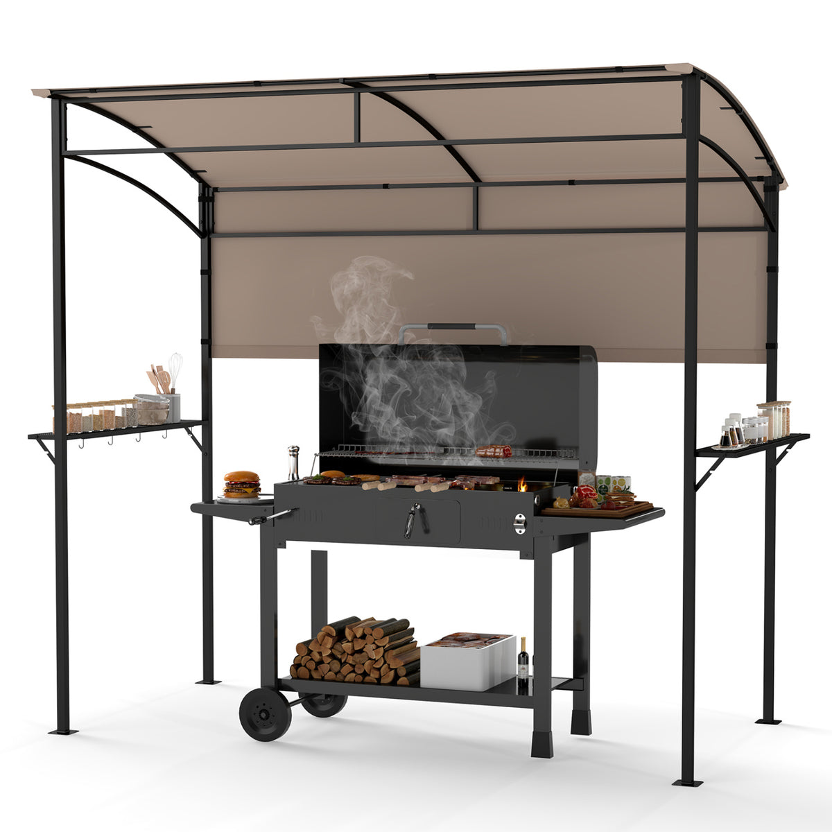 7.8 x 4.4 FT Outdoor Patio BBQ Canopy with Metal Shelves and Bottle Openers-Brown