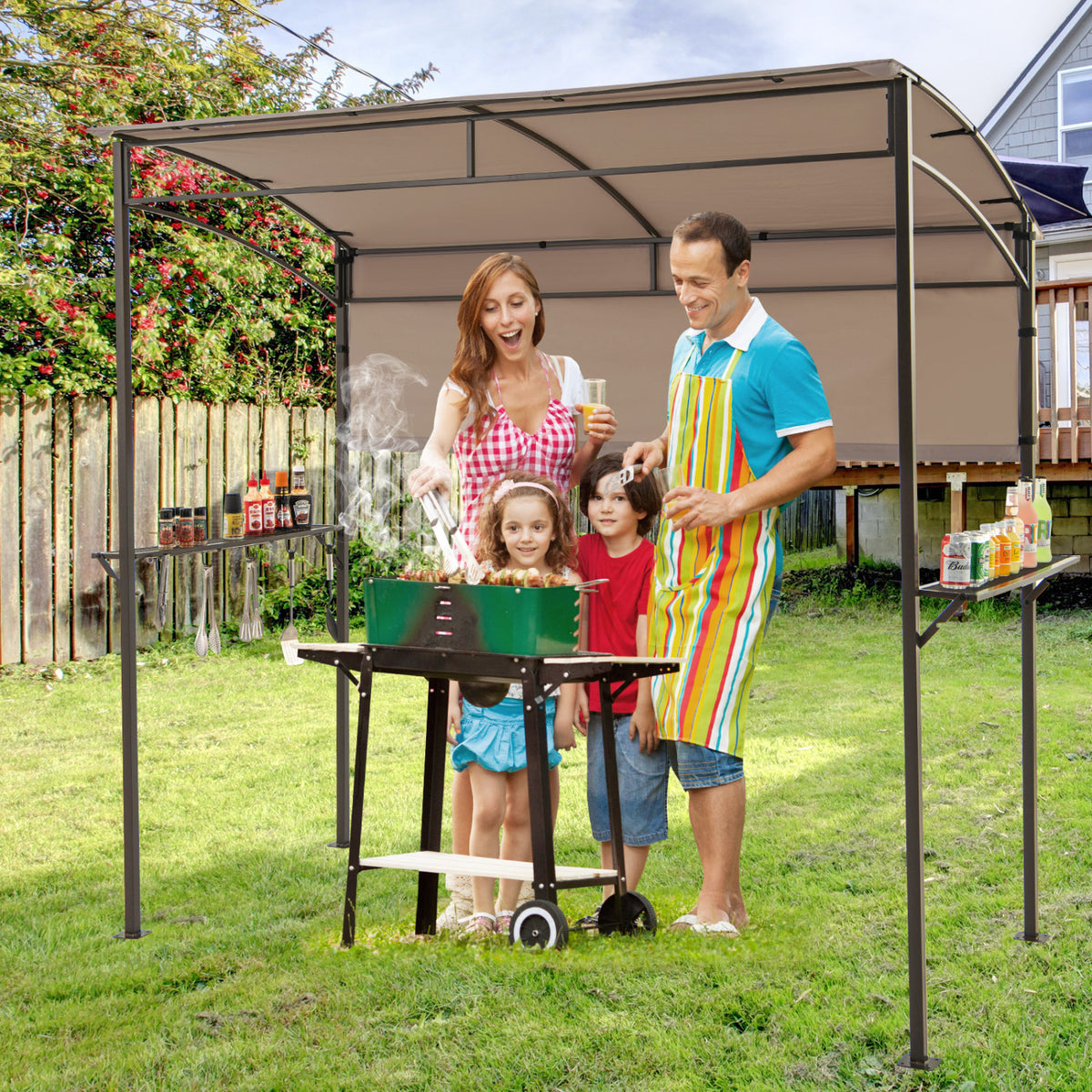 7.8 x 4.4 FT Outdoor Patio BBQ Canopy with Metal Shelves and Bottle Openers-Brown view 2