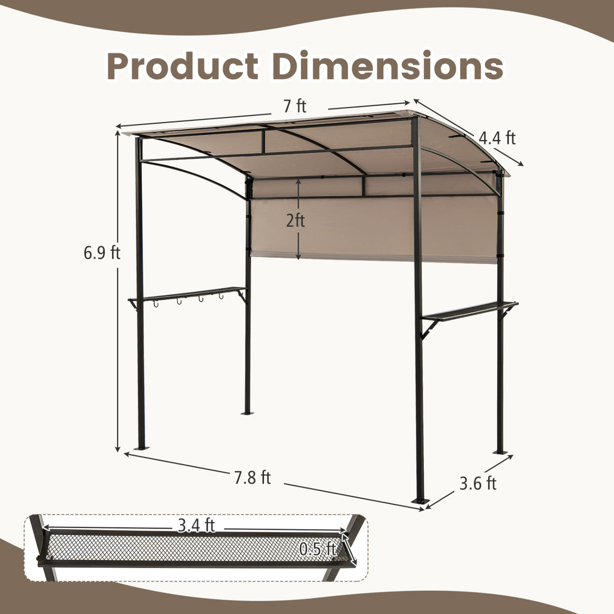 7.8 x 4.4 FT Outdoor Patio BBQ Canopy with Metal Shelves and Bottle Openers-Brown view 5