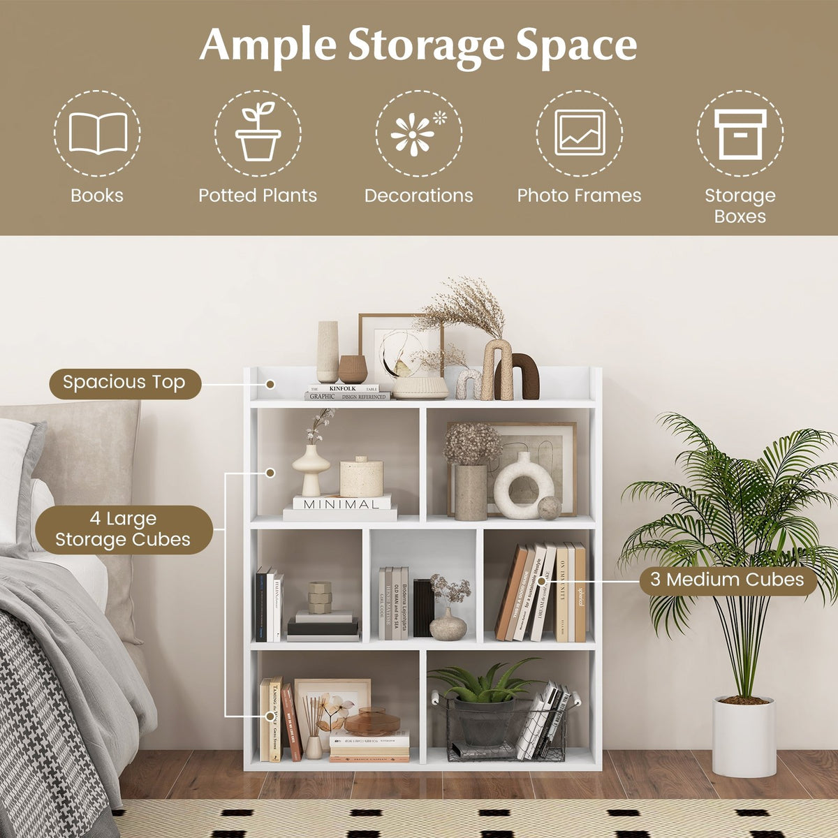 7 Cubes Open-back Bookshelf with Anti-Toppling Devices-White view 6