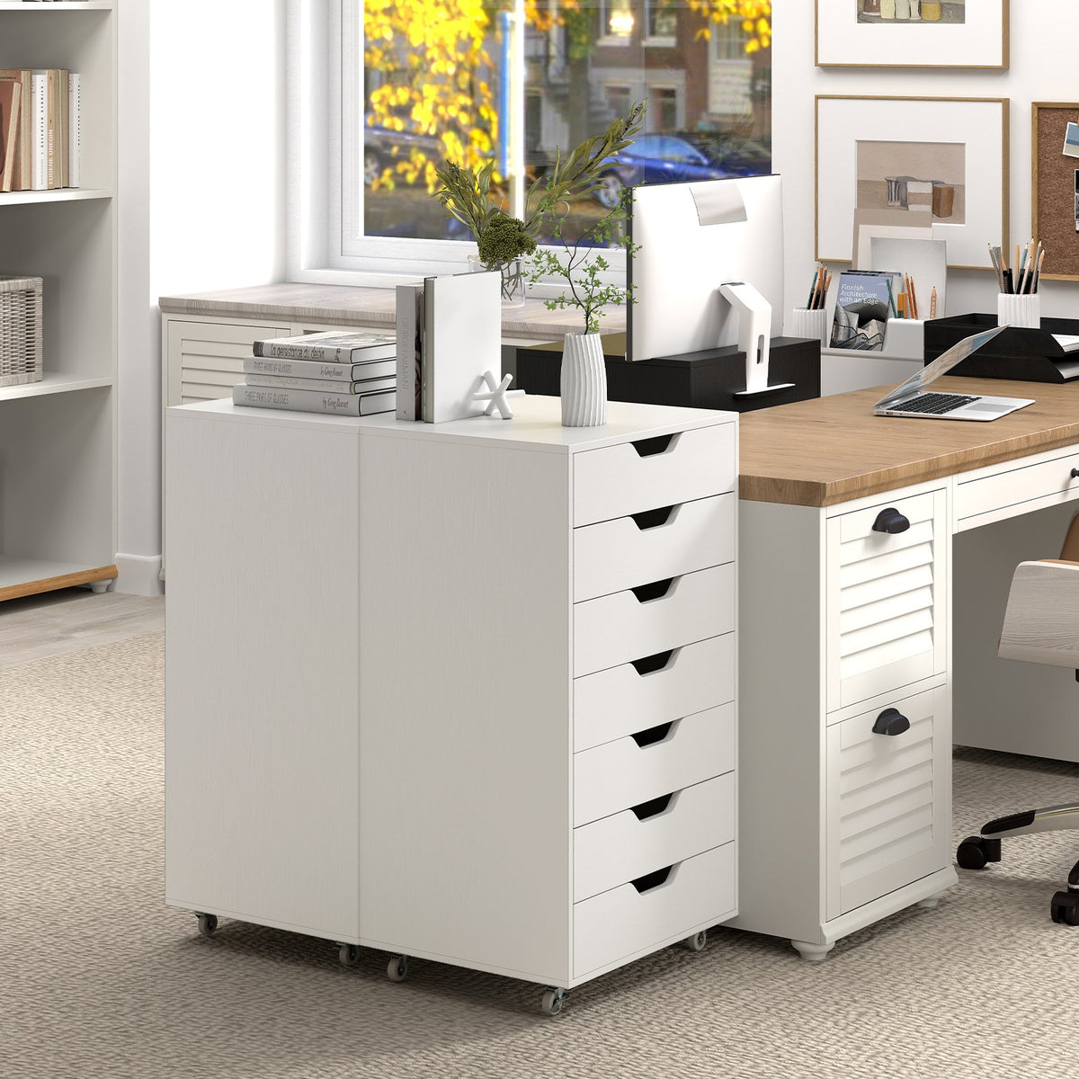 7-Drawer Chest Storage Dresser Floor Cabinet Organizer with Wheels-White view 2